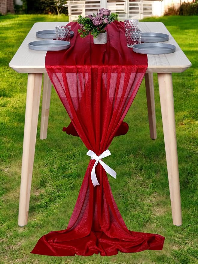 MDS 25 Pack 10ft Chiffon Table Runner 29 x 120 Inches Sheer Wedding Runner Romantic Rustic Table Runner for Wedding Decorations, Birthday Parties, Bridal Shower Party Arch Decor - Apple red