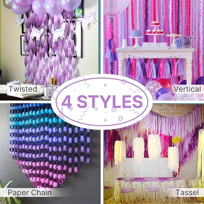 PartyWoo Pink and Purple Crepe Paper Streamers 4pcs 328ft Pack of Light Pastel Baby Pink and Purple Crepe Paper Streamers for Birthday Gender Reveal Baby Shower Princess Butterfly Party Decorations