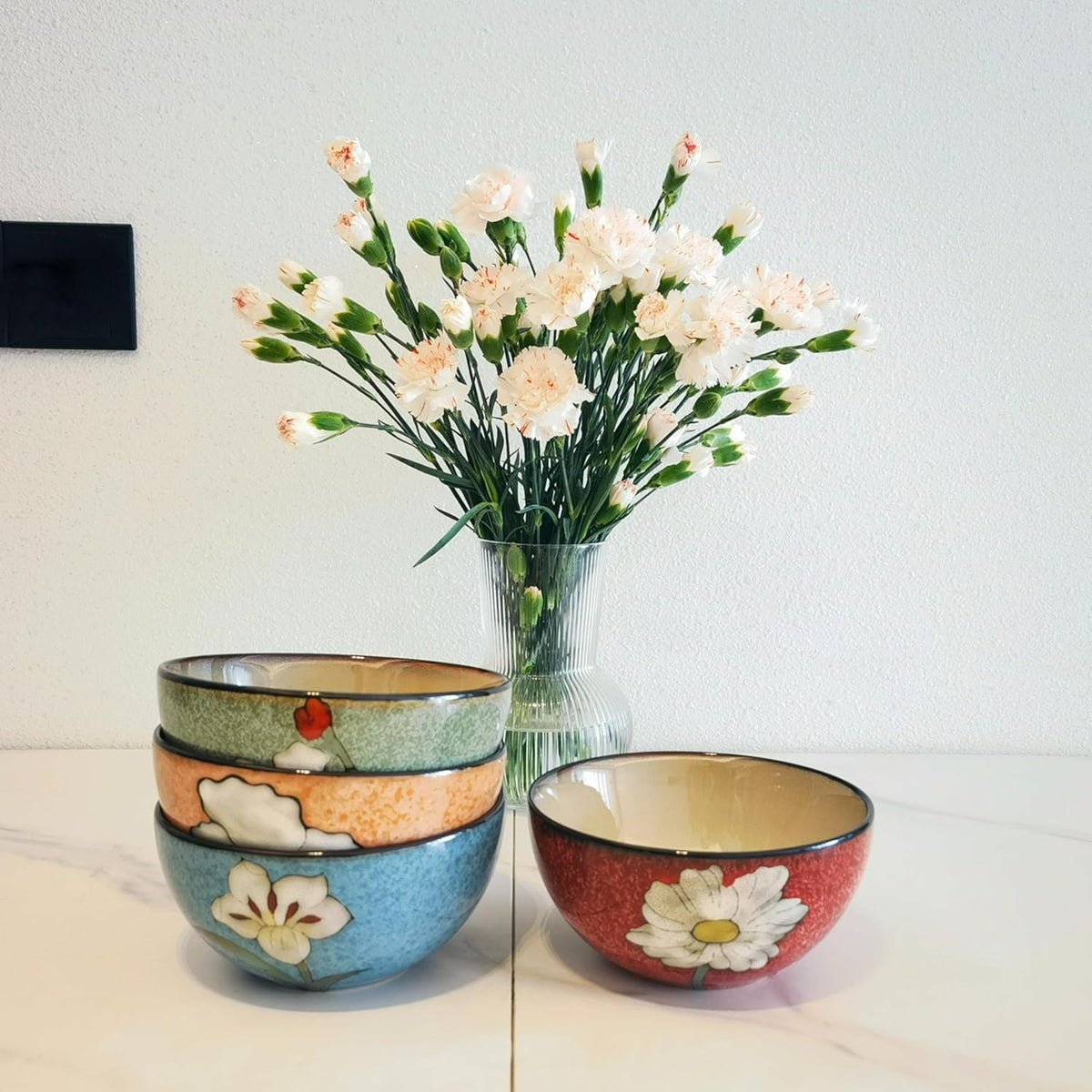 rockgoldbug Ceramic Bowls For Kitchen, 28oz - Set of 4,Underglaze Technique