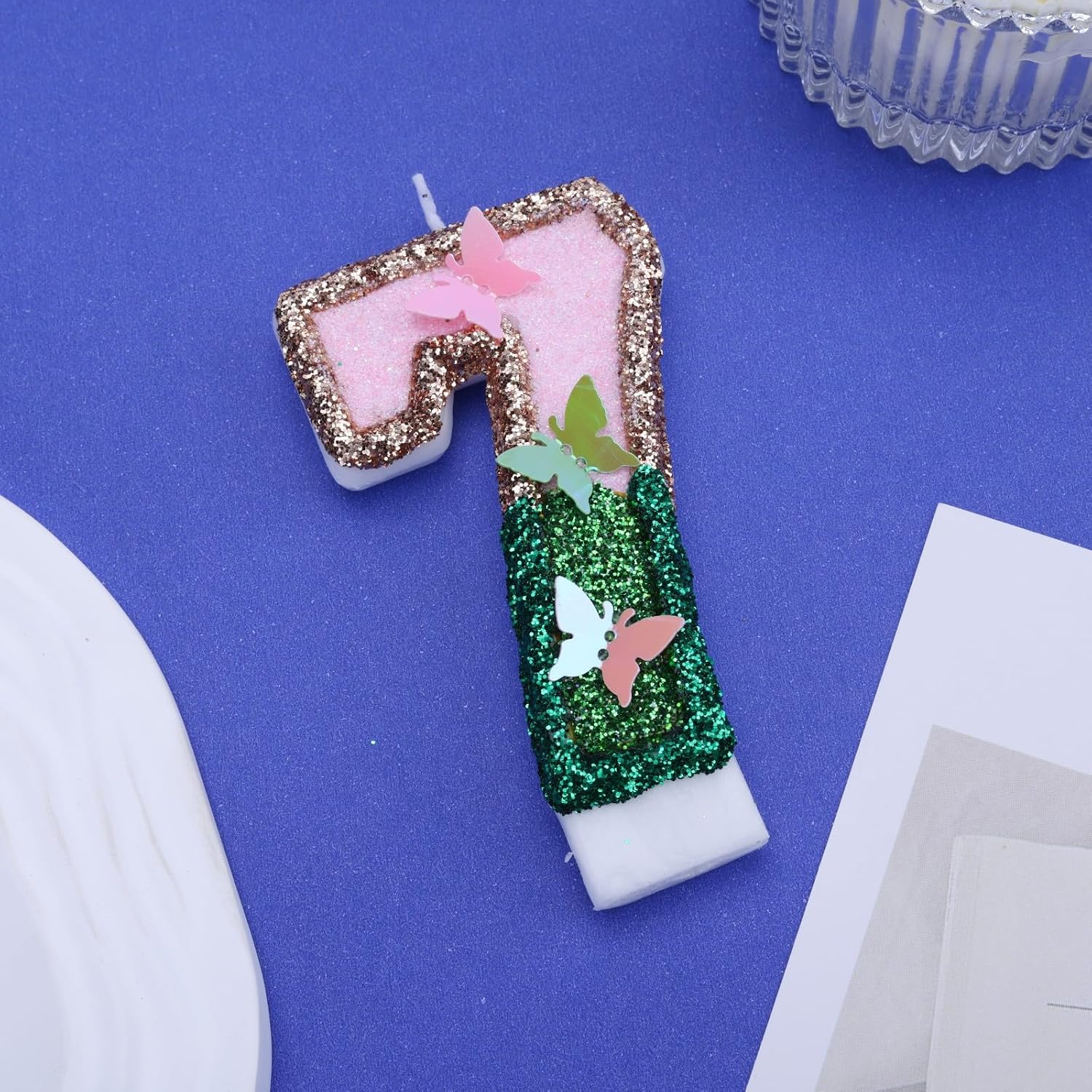 Butterfly Birthday Candles Numbers for Cakes, Pink and Green Party Decorations, Birthday Party Glitter Number 7 Candle Cake Topper with Sequins for Girls Women Anniversary Celebrations Supplies
