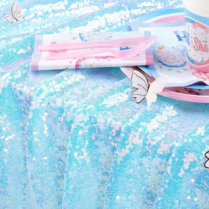 QueenDream Sequin Iridescent Tablecloth 60x102 Inches Blue Sequin Table Overlay Mermaid Parties Cocktail Decor