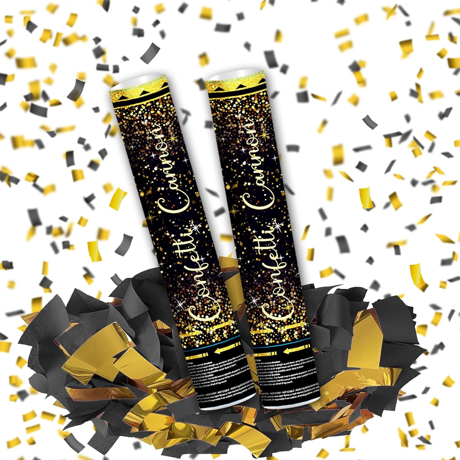 12" Black and Gold Confetti Cannon Party Poppers - 2 Pack | Birthday Graduation Wedding Retirement New Year Celebrations - Easy to Use