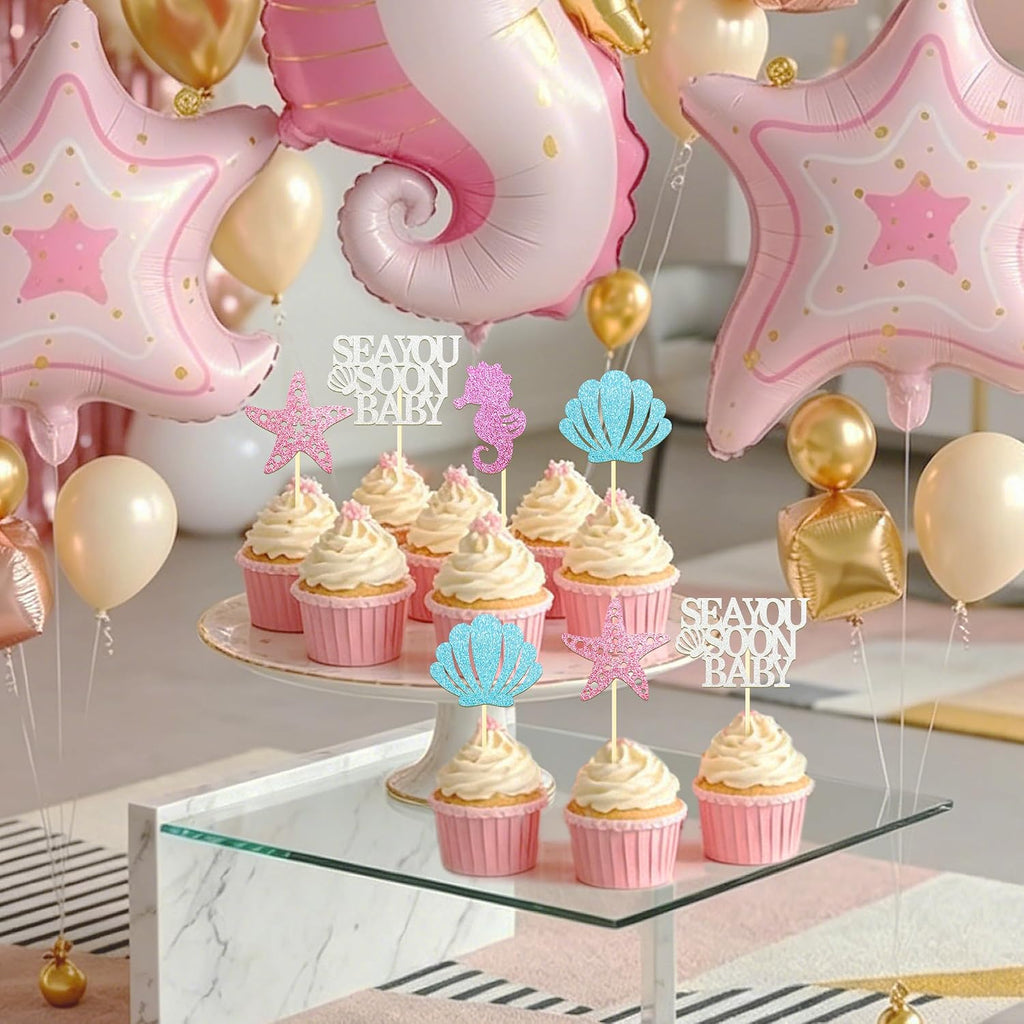 24 Pcs Sea You Soon Baby Cupcake Toppers, Under The Sea Party Decoration | Under the Sea Party Cake Decoration for Mermaid Theme Birthday Parties & Baby Showers