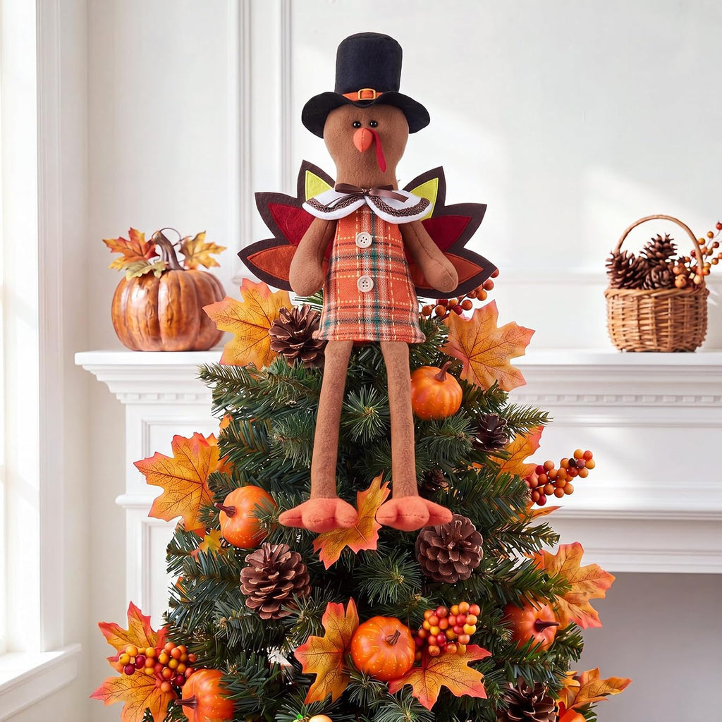 Soulchen 21 Inch Thanksgiving Turkey Tree Topper Plush Gnome Fall Tree Topper with Wings Hat and Dangle Legs Harvest Autumn Ornament for Home Farmhouse Party Decor