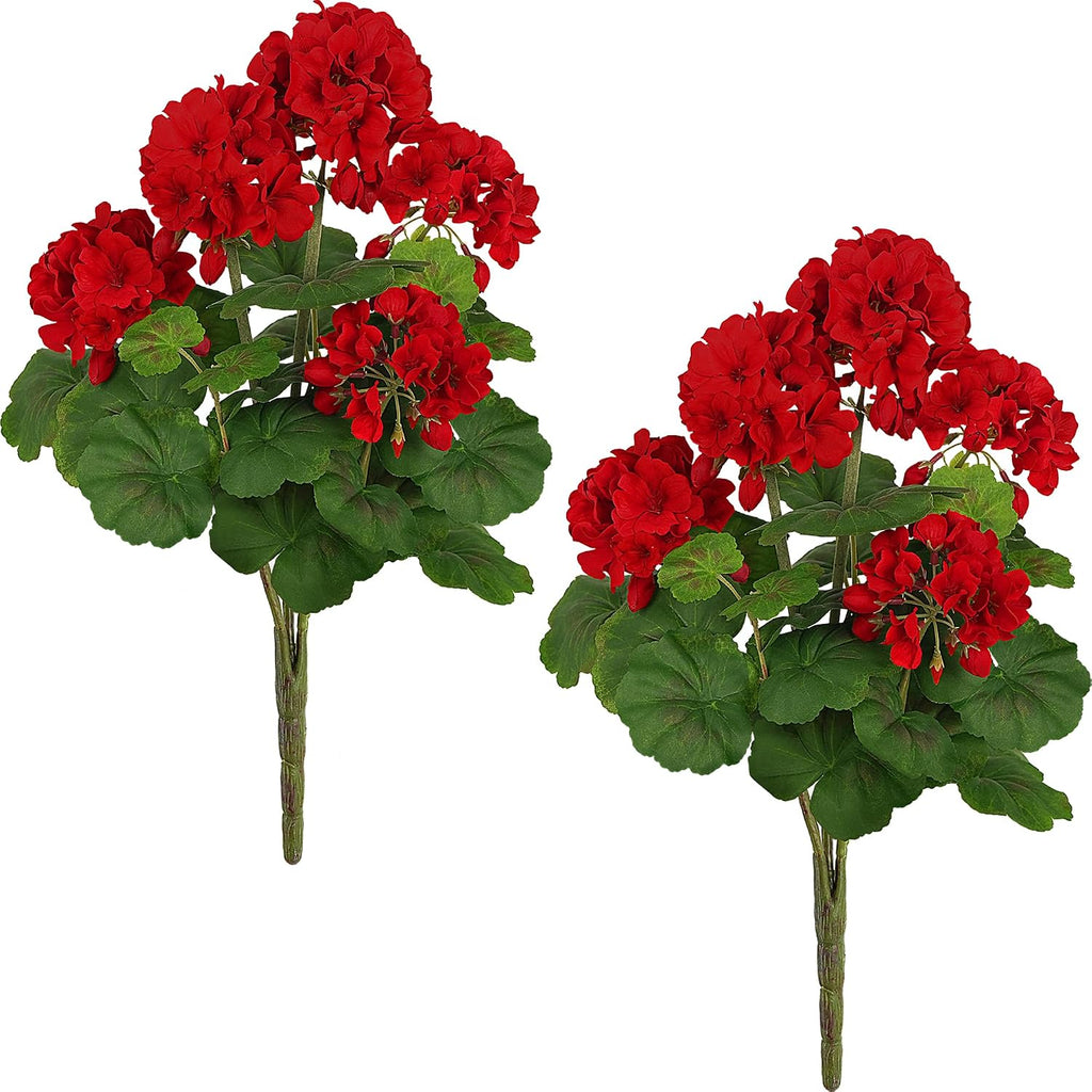 FOREST PRINCE 2 PCS 18" Artificial Geraniums for Outdoors, UV Resistant Red Silk Flowers for Window Box Porch Patio Garden Decor, Waterproof Ruby Red
