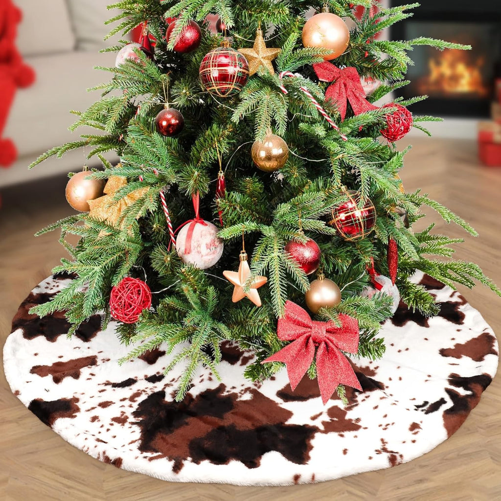 Christmas Tree Skirt Cow Print Faux Fur Folable Christmas Ring Tree Skirt for Artificial Trees Base Stand Cover Xmas Trees Decoration