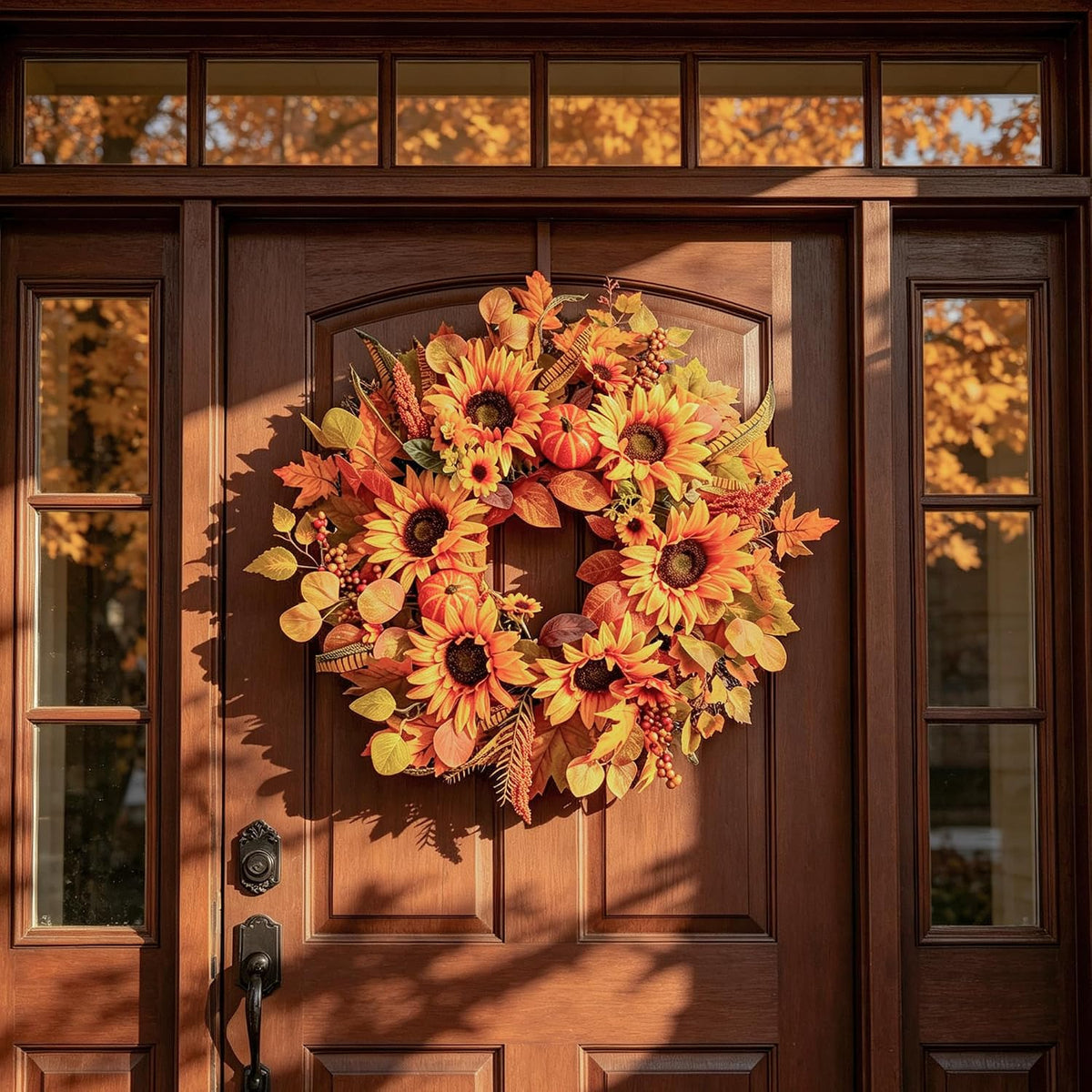 Fall Wreaths for Front Door, 26 Inch Autumn Harvest Wreath with Sunflowers, L...