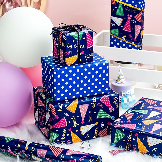Yarcony Boys Birthday Wrapping Paper Roll - 17 Inch X 33 Feet - Reversible Metallic Foil Navy Blue Men Boy Gift Wrap Paper Blue Wrapping Paper for Birthday, Party, Baby Shower, Holiday, Father's Day