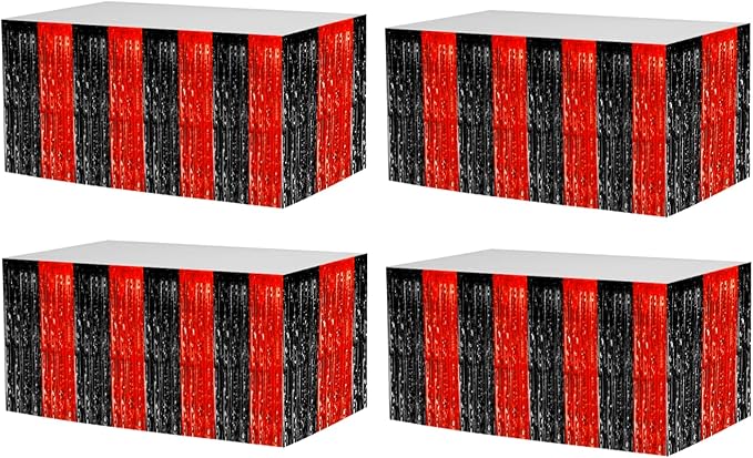 4 Pack 29x108 Inch Metallic Foil Fringe Tinsel Table Skirts for Rectangle Tables Streamer Backdrop for Wedding, Birthday, Parade Floats, Christmas, Halloween Party Decoration(Black Red)