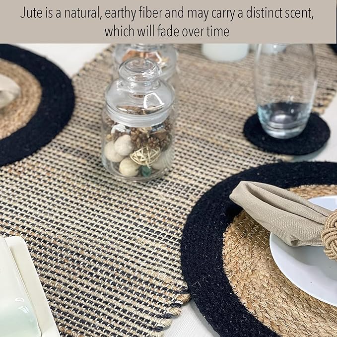 Chardin home Natural Jute Table Runner 13x36 Inch – Vintage Boho Rustic Table Decor – Handwoven Table Runner in Natural Jute and Black – Farmhouse Dining or Console Table Accent