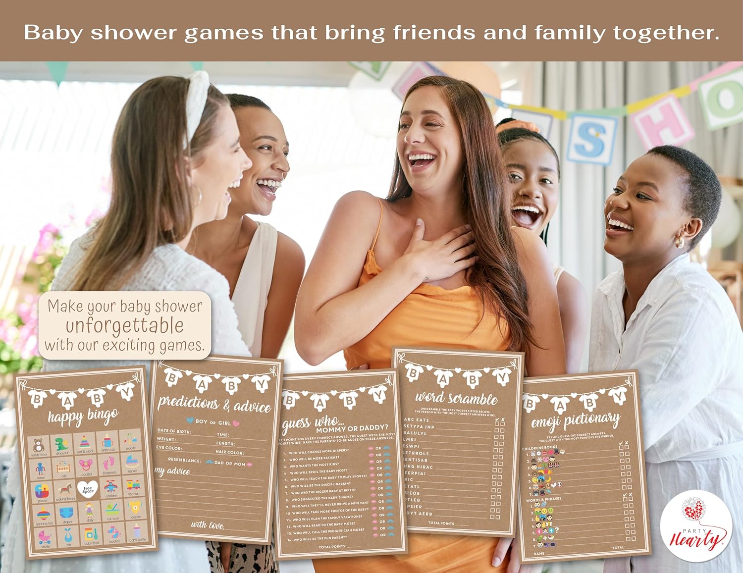 Party Hearty Baby Shower 5 Game Pack, Premium Thick Cardstock - Kraft | 5 Classic Baby Shower Games, 250-Piece Party Pack, Perfect for Baby Showers, Simple & Fun