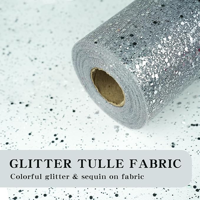 Glitter Tulle Rolls, 6” by 50 Yards (150FT) Sparkling Tulle Spool Ribbon Sequin Tulle Netting Fabric for Tutu Skirt Wedding Birthday Baby Shower (Silver)
