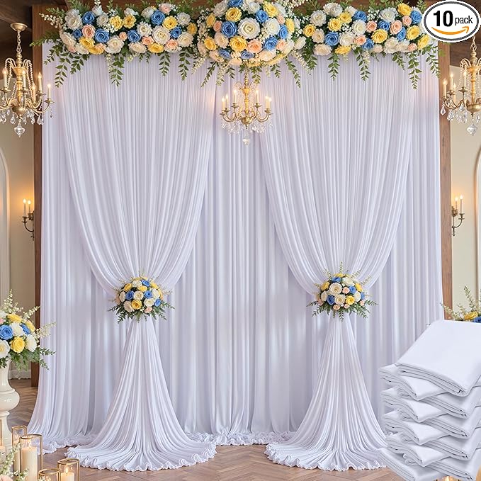 50×14 ft White Wrinkle Free Backdrop Curtain for Wedding Parties, 10 Panels 5×14ft Height Soft Silky Polyester Backdrop Drapes White Photo Back Drop Curtains for Birthday Photography Background Cloth