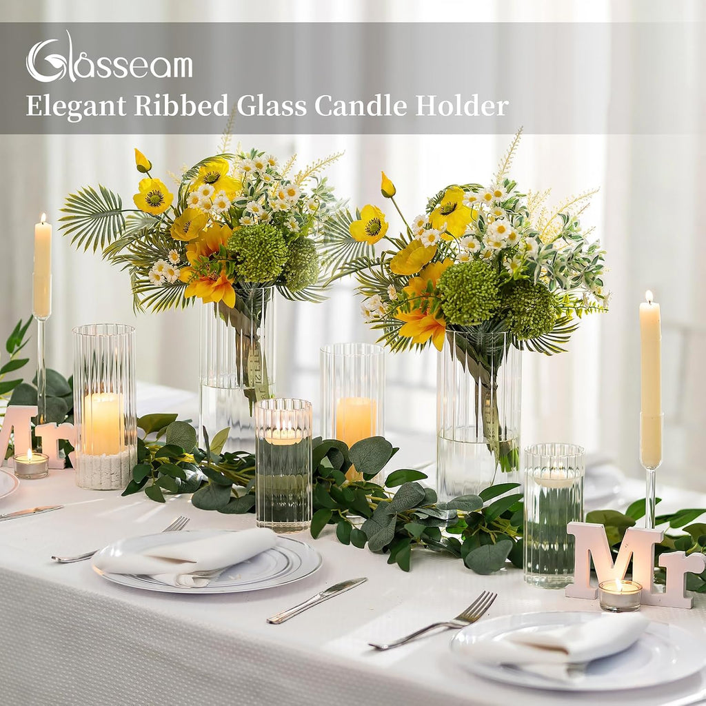 Glasseam Ribbed Glass Candle Holder, Cylinder Candle Holders for Pillar Candles, Clear Hurricane Candle Holder Set of 6, Decorative Floating Candle Vases for Centerpieces Wedding Table Decorations