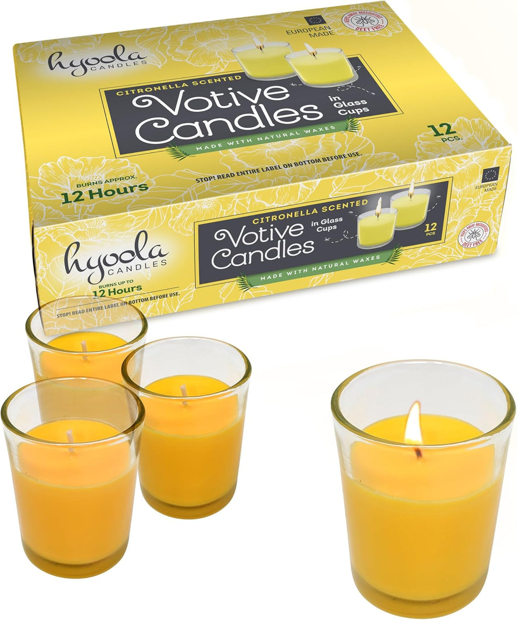 Hyoola Citronella Candle Votives in Glass Cup, Indoor and Outdoor Decorative and Mosquito, Insect and Bug Repellent Candle, Natural Fresh Scent, 12 Hour Burn Time, Made in Europe (Pack of 12)