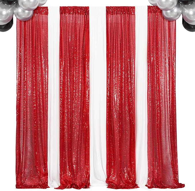 4Pcs 2Ft x 8Ft Red Sequin Backdrop Curtains, Glitter Photography Background, Sequence Xmas Thanksgiving Backdrop (Red, 4 pcs-2ftx8ft)