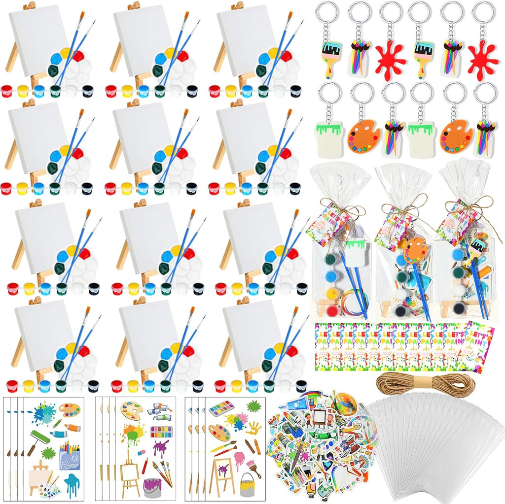 HyDren 8 Sets Art Paint Party Favors for Kids, 4 x 4 Inch Mini Canvas Easel and Watercolor Paint Set Palette Brush Sticker Puffy Sticker Keychains for Adults Summer Vbs Back to School Party Supplies