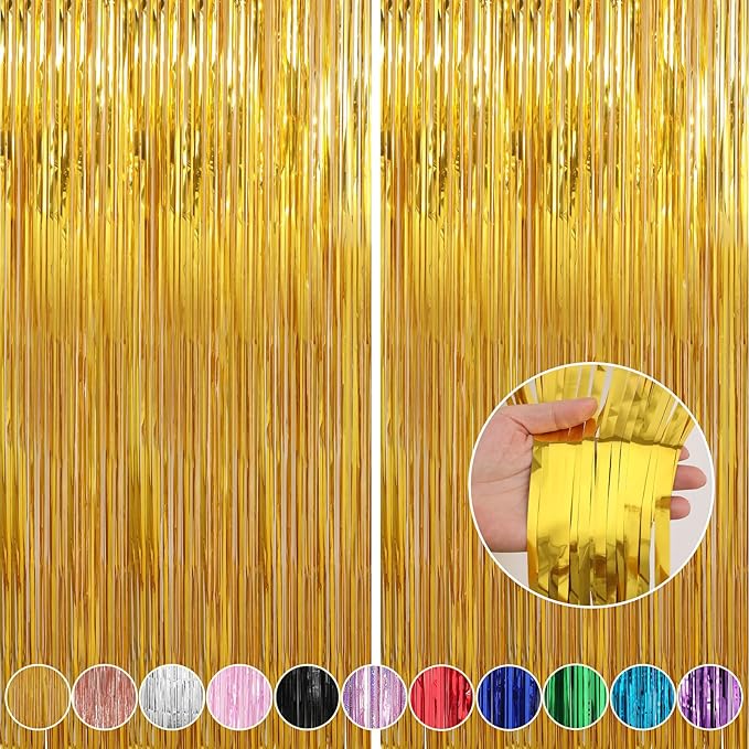 Crosize 2 Pack 3.3 x 9.9 ft Gold Foil Fringe Curtains Party Decorations, Gold Tinsel Curtain Backdrop for Parties, Door Streamers, Glitter Streamer Fringe Backdrop for Birthday Decoration