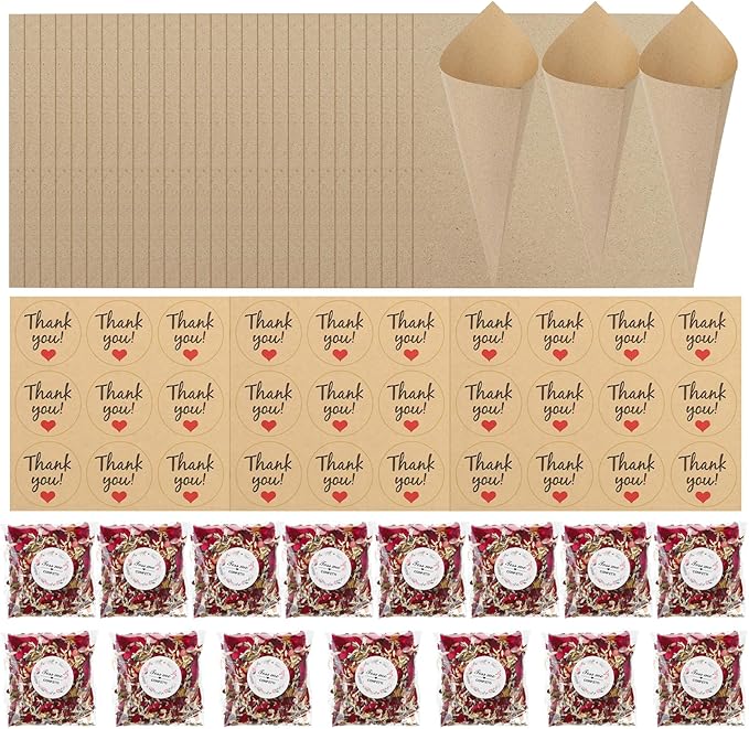 PATIKIL Dried Flower Confetti Cones, 30Pcs Paper Tapers Cone Holder with Dried Rose Petals / Sticker for Wedding Party Engagement Birthday DIY Decoration, Red