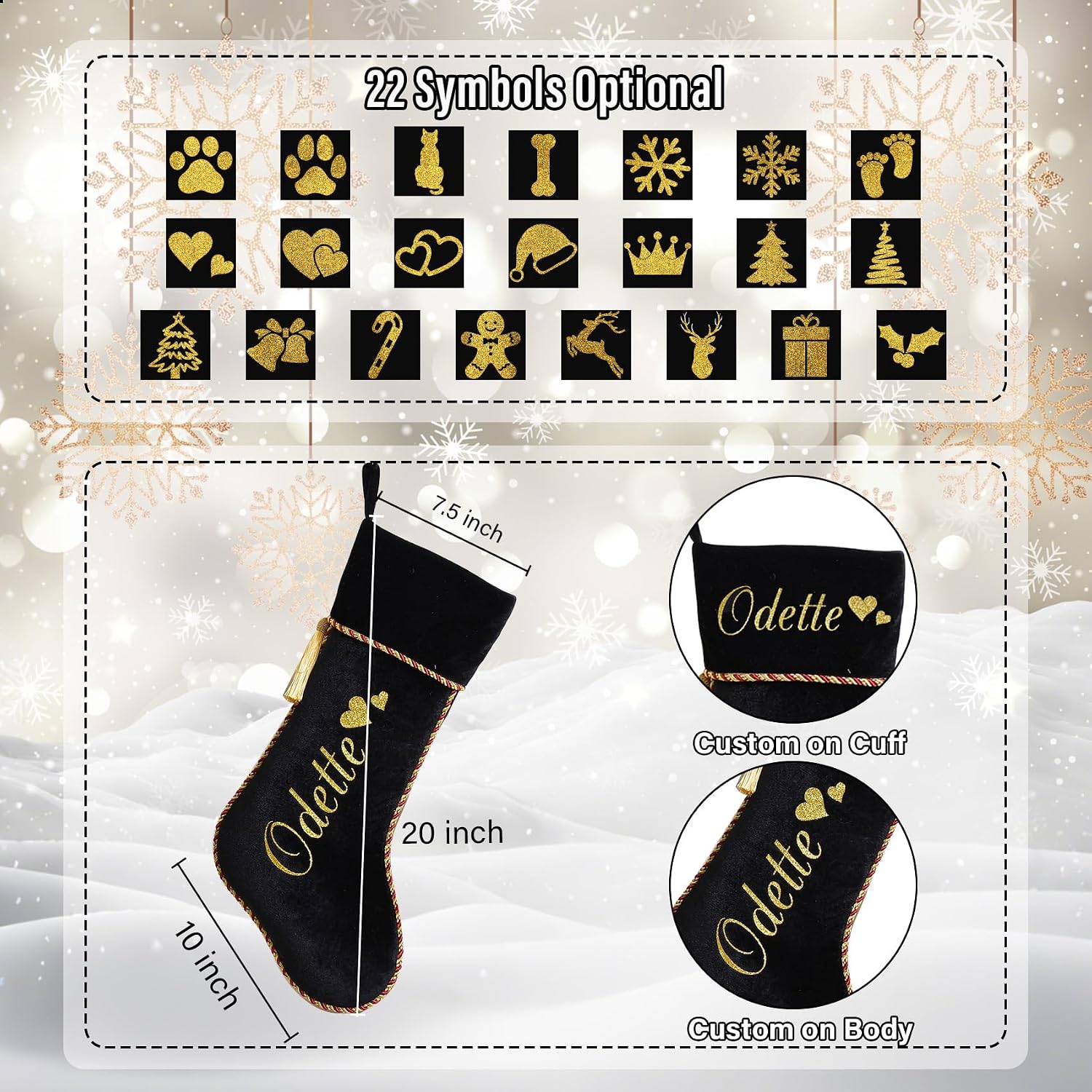 Personalized Christmas Stockings 1 Pack White Black Custom Christmas Stockings with Names Initials 20" Large Velvet Luxury Modern Kids Family Xmas Stocking for Farmhouse Holiday Fireplace