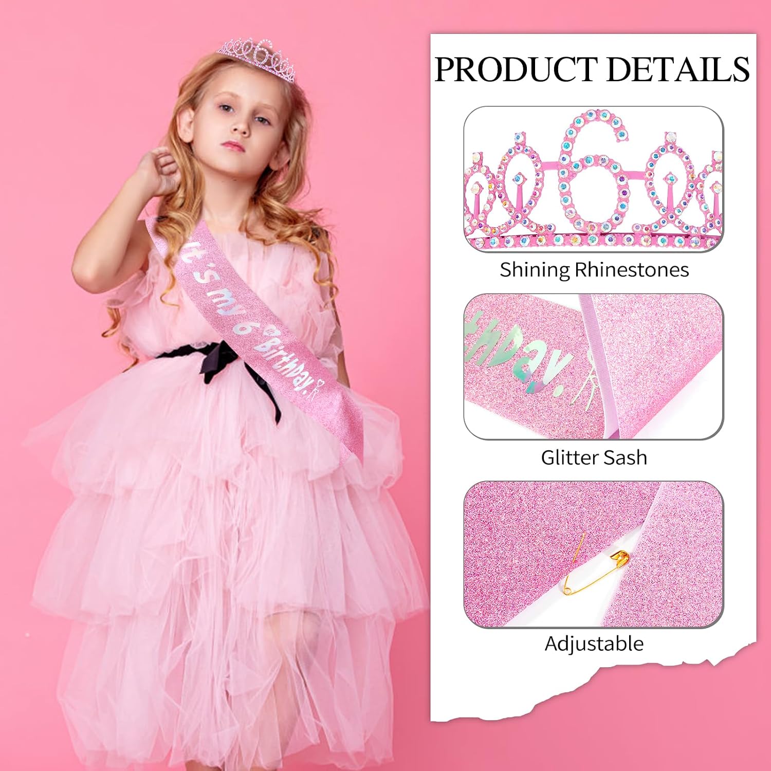 6th Birthday Party Decorations Set for Girls- Pink Crown, Glitter Sash, Number 6 Candle & Cake Topper Kit for Birthday Celebrations Party Supplies Gift