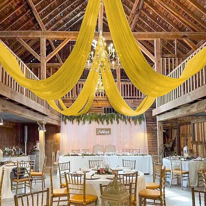 MODFUNS Gold Ceiling Draping Fabric Sheer Ceiling Drapes for Weddings 5x20ft 6 Panels Chiffon Arch Drapery Tent Ceiling Drape Vintage Tulle Curtain Backdrop for Ceremony Party Event Supplies