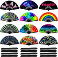 Qunclay 12 Pieces UV Glow Large Rave Folding Hand Fan Festival Fan for Men Women Chinese Japanese Clack Handheld Fan with Rainbow Butterfly for Drag Queen Dance Performance Music Party Gifts, 24 Inch