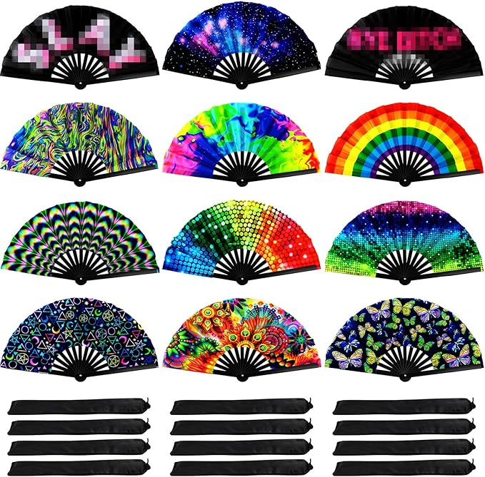 Qunclay 12 Pieces UV Glow Large Rave Folding Hand Fan Festival Fan for Men Women Chinese Japanese Clack Handheld Fan with Rainbow Butterfly for Drag Queen Dance Performance Music Party Gifts, 24 Inch