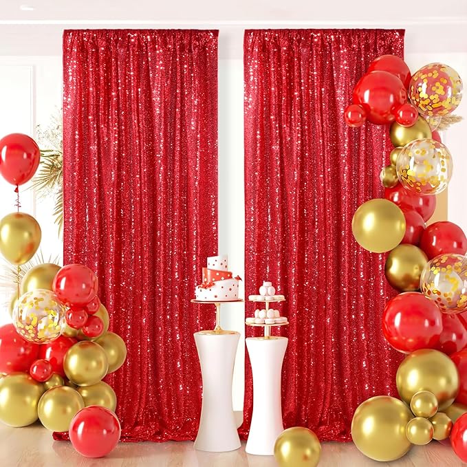 Red Sequin Curtains 2 Packs 3ftx8ft Photo Booths Backdrop for Girl Princess Birthdays Engagement Bachelorette Party Decorations