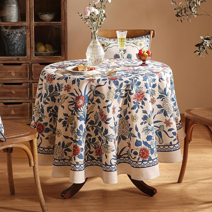 patdrea Designer Blue Tablecloth for Round Table,Vintage Linen with Leaves and Floral Pattern Tablecloths,Farmhouse Decor Cover for Kitchen Dining Christmas,Thanksgiving,Diameter 67"-Ivar a