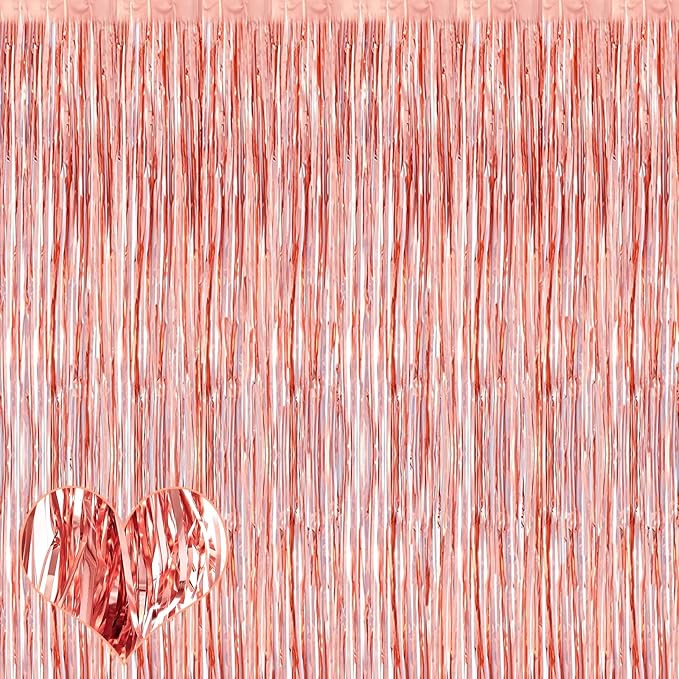 4 Pack Rose Gold Fringe Curtain Backdrop, 3.2Ft x 6.6Ft Metallic Tinsel Foil Fringe Streamers Curtains Background for Photo Booth Birthday Wedding Baby Shower Party Christmas Decorations