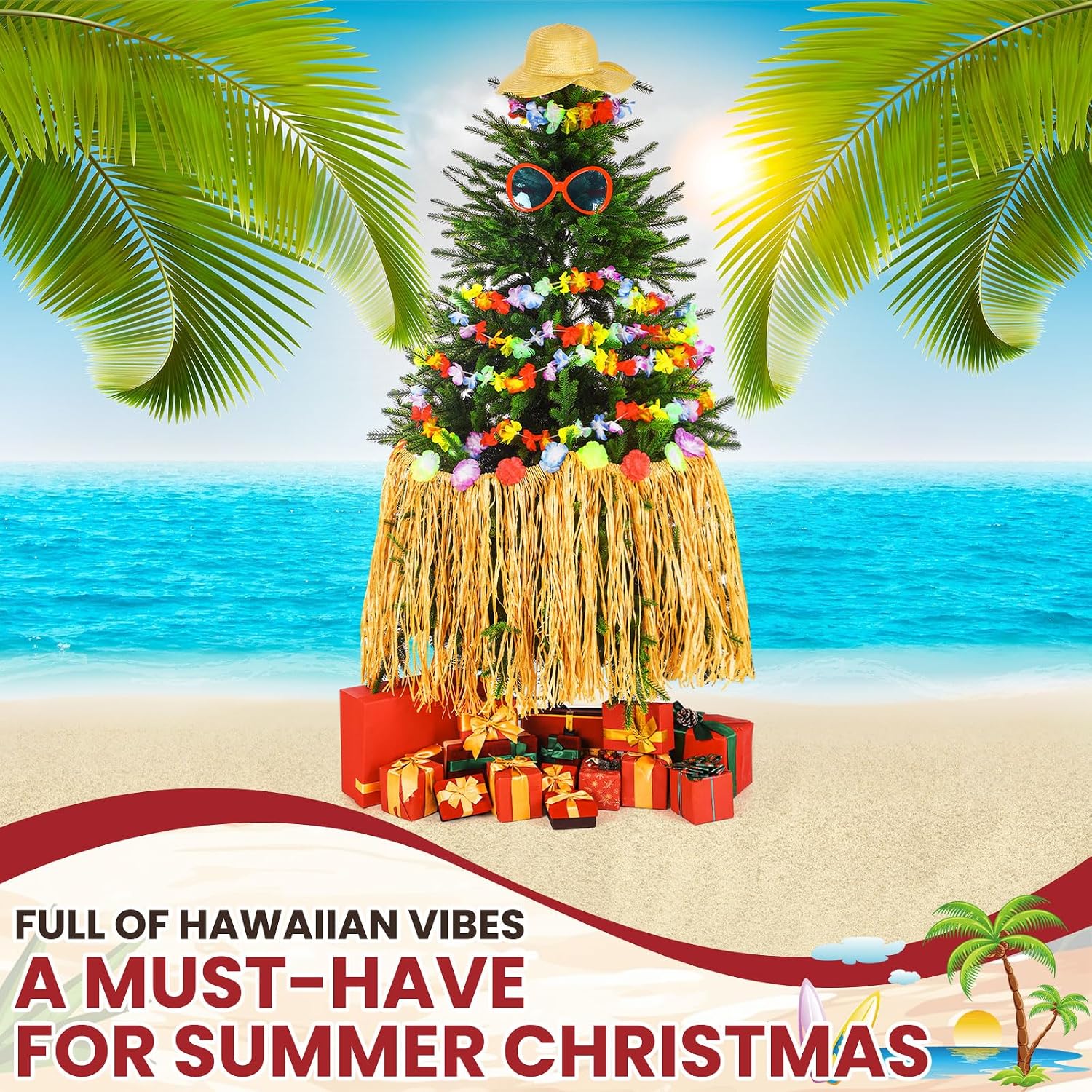4 Pcs Summer Christmas Tree Decoration Christmas July Tassel Grass Skirt Oversized Sunglass Hat Floral Garland Tropical Party Decor for Hawaiian Party Supplies
