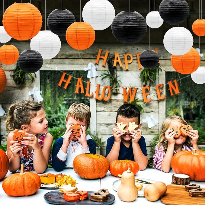 ADLKGG Paper Lanterns Party Decorations, Orange Black White Round Hanging Lanterns for Graduation Halloween Thanksgiving Birthday Party Decorations, 21pcs