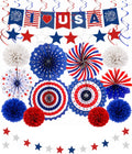 34PCS 4th of July Decorations Patriotic Decorations Love USA Banner Red White Blue Paper Fans, Star Streamer, Pom Poms, Hanging Swirls for Memorial Day Veterans Labor Presidents Flag