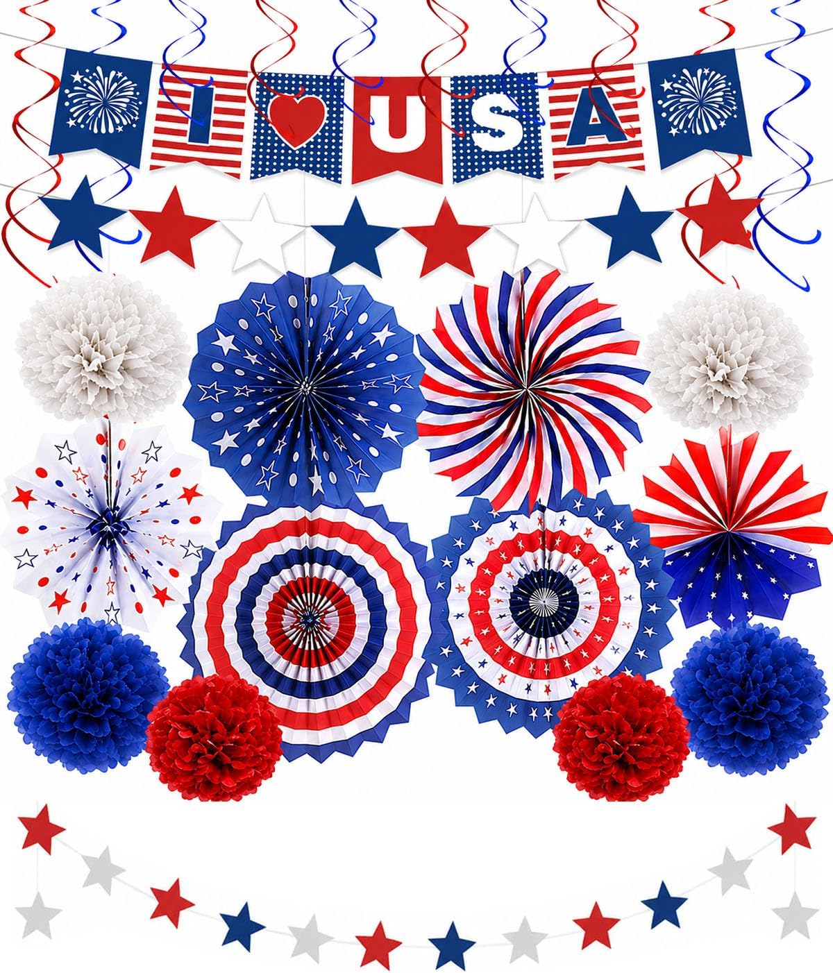 34PCS 4th of July Decorations Patriotic Decorations Love USA Banner Red White Blue Paper Fans, Star Streamer, Pom Poms, Hanging Swirls for Memorial Day Veterans Labor Presidents Flag