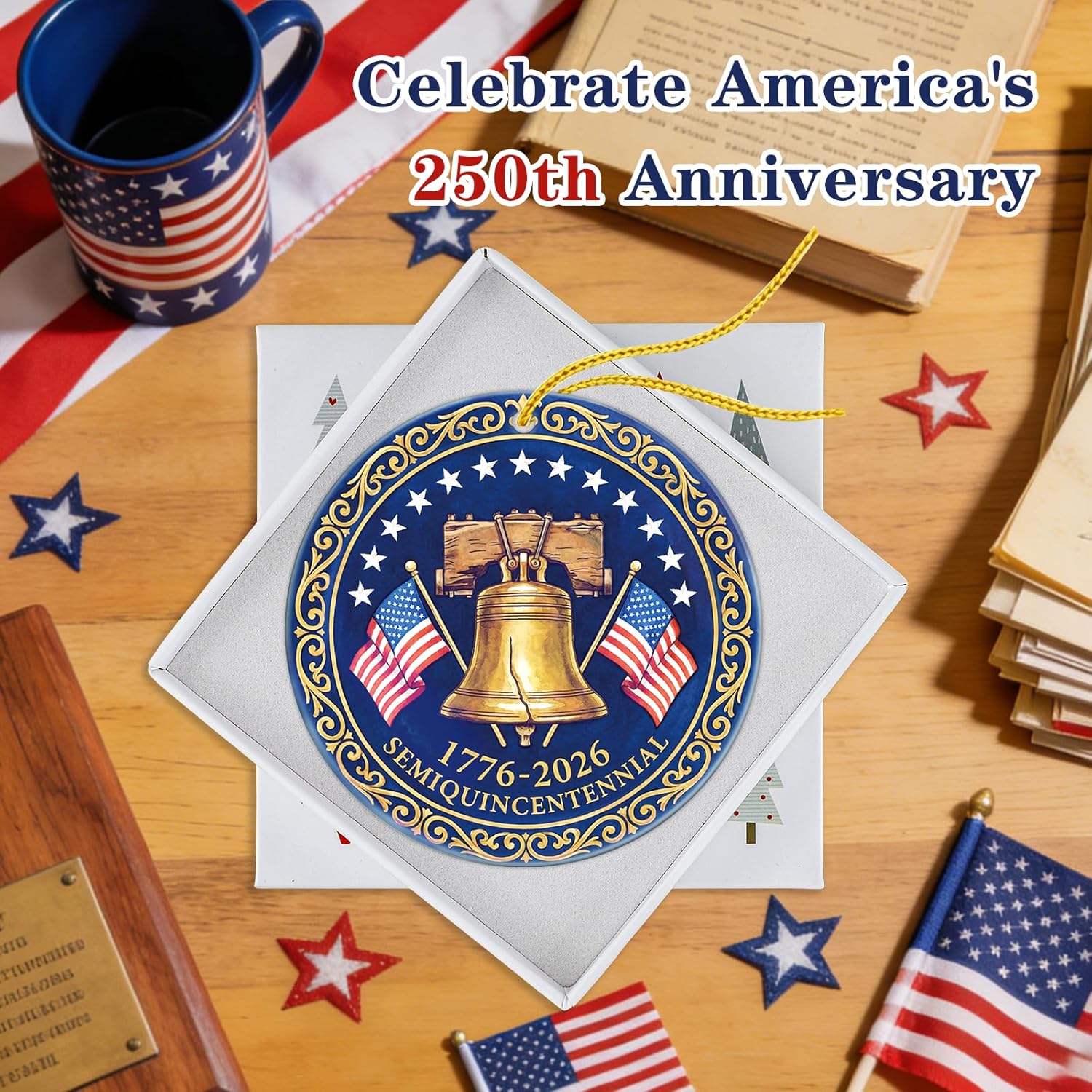 WhatSign 250th Anniversary USA Ornament - 1776-2026 Semiquincentennial Liberty Bell Ceramic Keepsake Vintage Gold Medallion Design Patriotic American History Souvenir Decor Gift for Collectors
