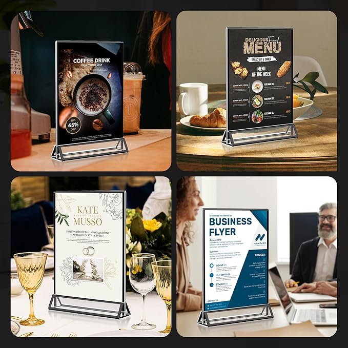 Acrylic Black Sign Holders 4x6, 12 Pack Wedding Black Table Number Holders, Double Sided Photo Display Picture Frame Paper Stand, Clear Flyer Stand Menu Holder for Wedding, Home, Party, Restaurant