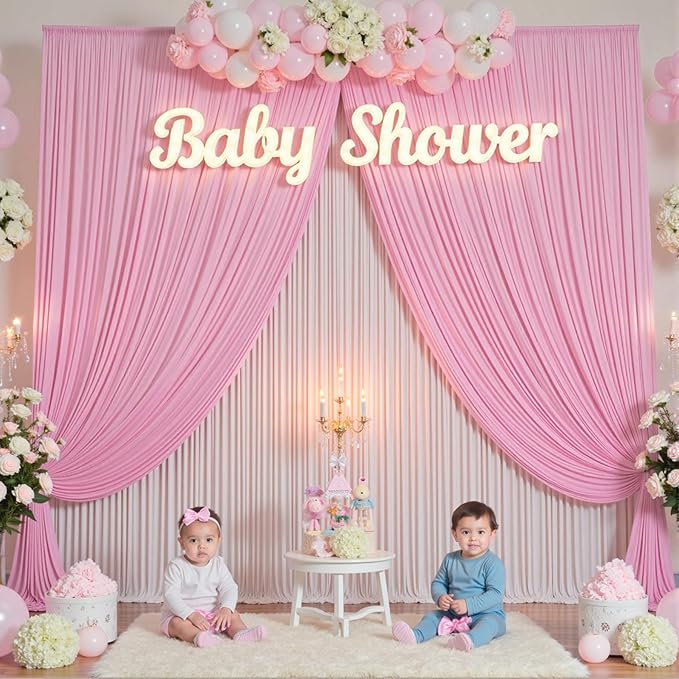 20×12ft Wrinkle Free Pink Backdrop Curtain for Wedding Parties, 4 Panels 5×12ft Long Soft Silky Polyester Backdrop Drapes Baby Pink Photo Back Drop Curtains for Party Photography Background Cloth