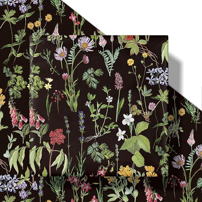 RUSPEPA Wild Flower Wrapping Paper Roll for Women Girls, Mini Roll, Elegant Black Floral Design Gift Wrap Paper Perfect for Birthday, Bridal Shower, Spring, Wedding, Mother's Day, 17 Inch x 16.4 Feet