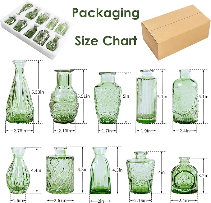 Vintage Small Glass Vases Set of 10,Mini Bud Vases for Flowers,Amber Glass Vases for Centerpieces,Wedding Decorations,Home Table Flower Decor (Hunt Green)