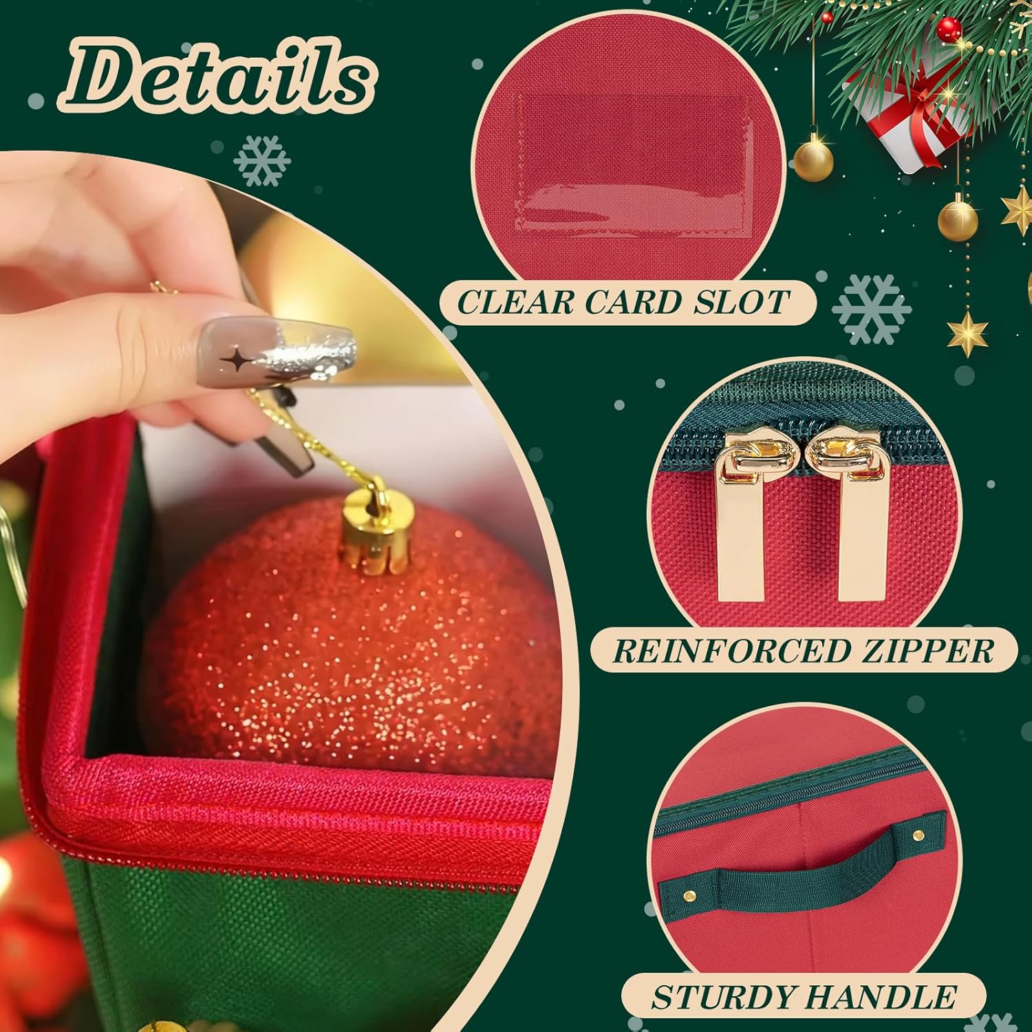 Christmas Ornament Storage Box with Adjustable Dividers Zippered Top Stores up to 128 Holiday Ornaments (3 Inch) Xmas Ball Decorations Organizer Storage Container Bin