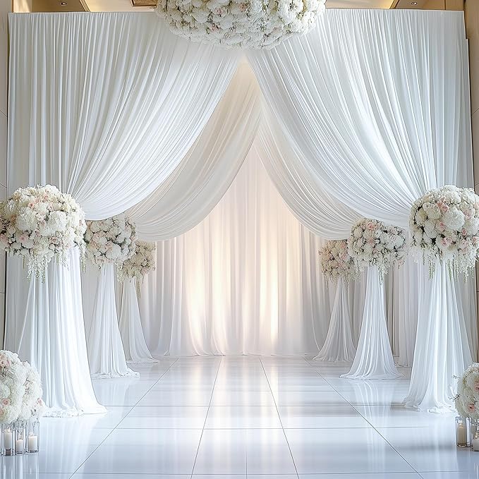 20ftx14FT Wrinkle Free White Backdrop Curtain, 4 Panels 14FT Height White Wedding Backdrop Drapes, Silky Polyester Back Drop Cloth for Birthday Photography Background Party Backdrop Draping