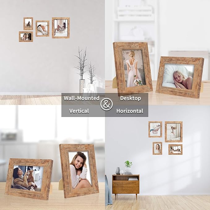 4x6 Picture Frame Set of 4, High Definition Real Glass Rustic Brown Frame, 4 x 6 Wood Photo Frames for Tabletop Display and Wall Mounting