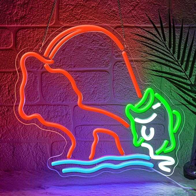 Fishing Neon Sign,Neon fish Sign,Neon Signs for Wall Decor,LED Light Up Man Cave Sign with Fish Rod Graphic,Cool Gifts for Fishermen,Bar,Cabin,Rustic Lake House,USB Powered Neon Light