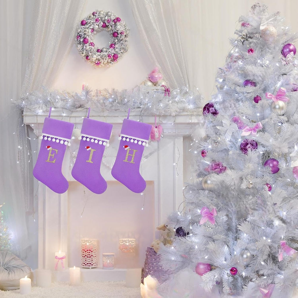 Personalized Christmas Stocking - 19 Inch Purple Velvet Stockings, Embroidery Initial with White Pom Pom Trim, Holiday Fireplace Mantel & Xmas Party Decor, Letter A