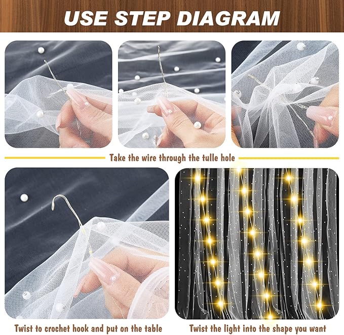 10 ft 4 x 120 Inch White Wedding Tulle Table Skirt with LED Lights White Pearl Chiffon Birthday Table Runner Tulle Sweetheart Decor Pearl Arch Decorations Outside Baby Shower Ceremony (Plug in Type)