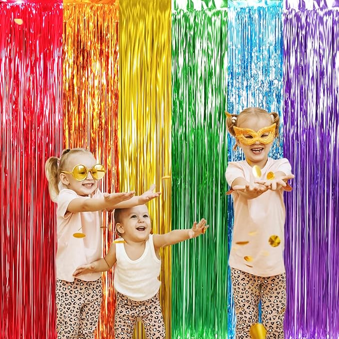 GOER 6.5 ft x 8.2 ft Metallic Tinsel Foil Fringe Curtains,Pack of 2 Party Streamer Backdrop for Birthday,Graduation Decorations and New Year Eve (Rainbow Colors)