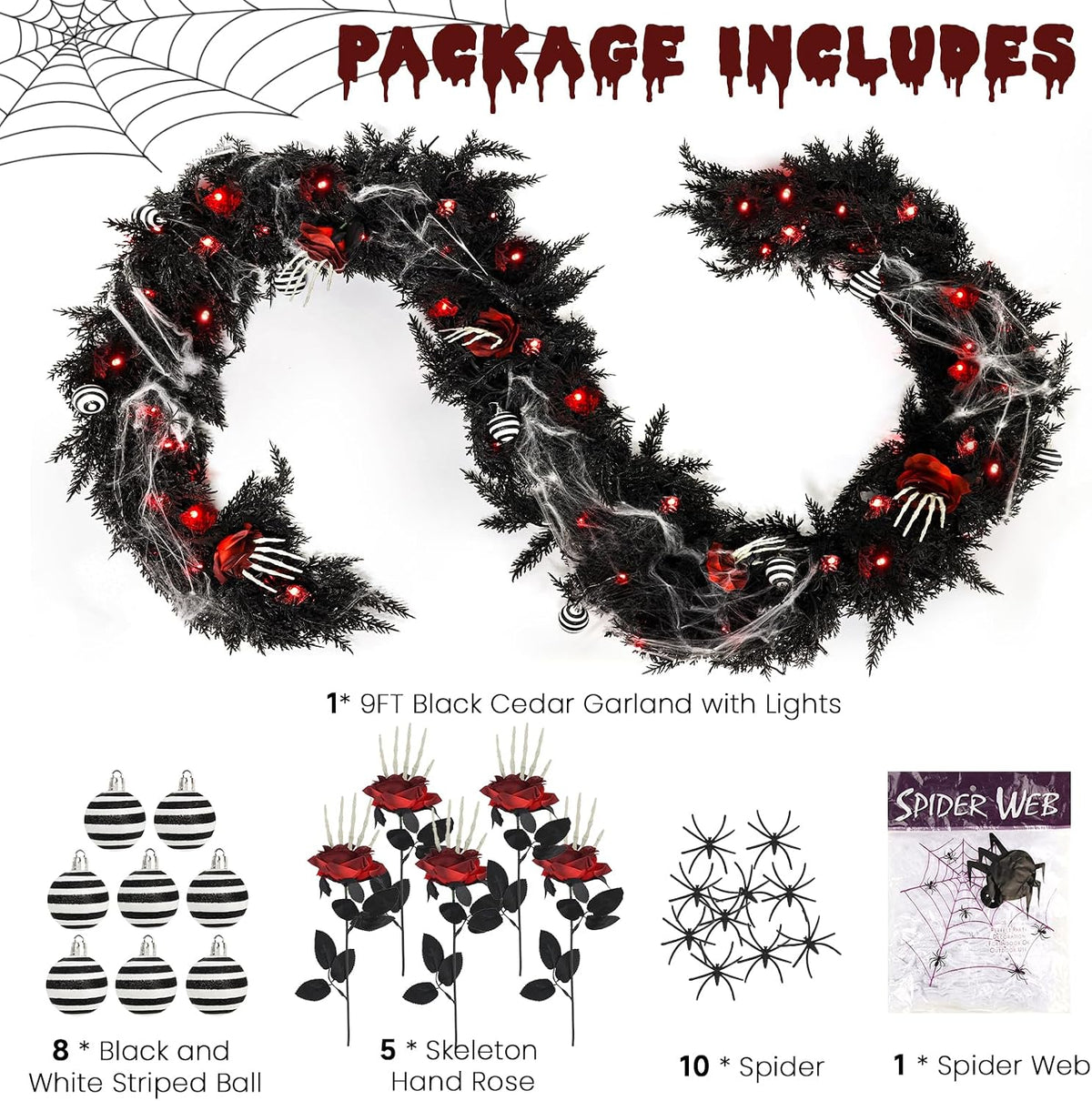 9ft black garland with lights and ornaments prelit on a desk or shelf
