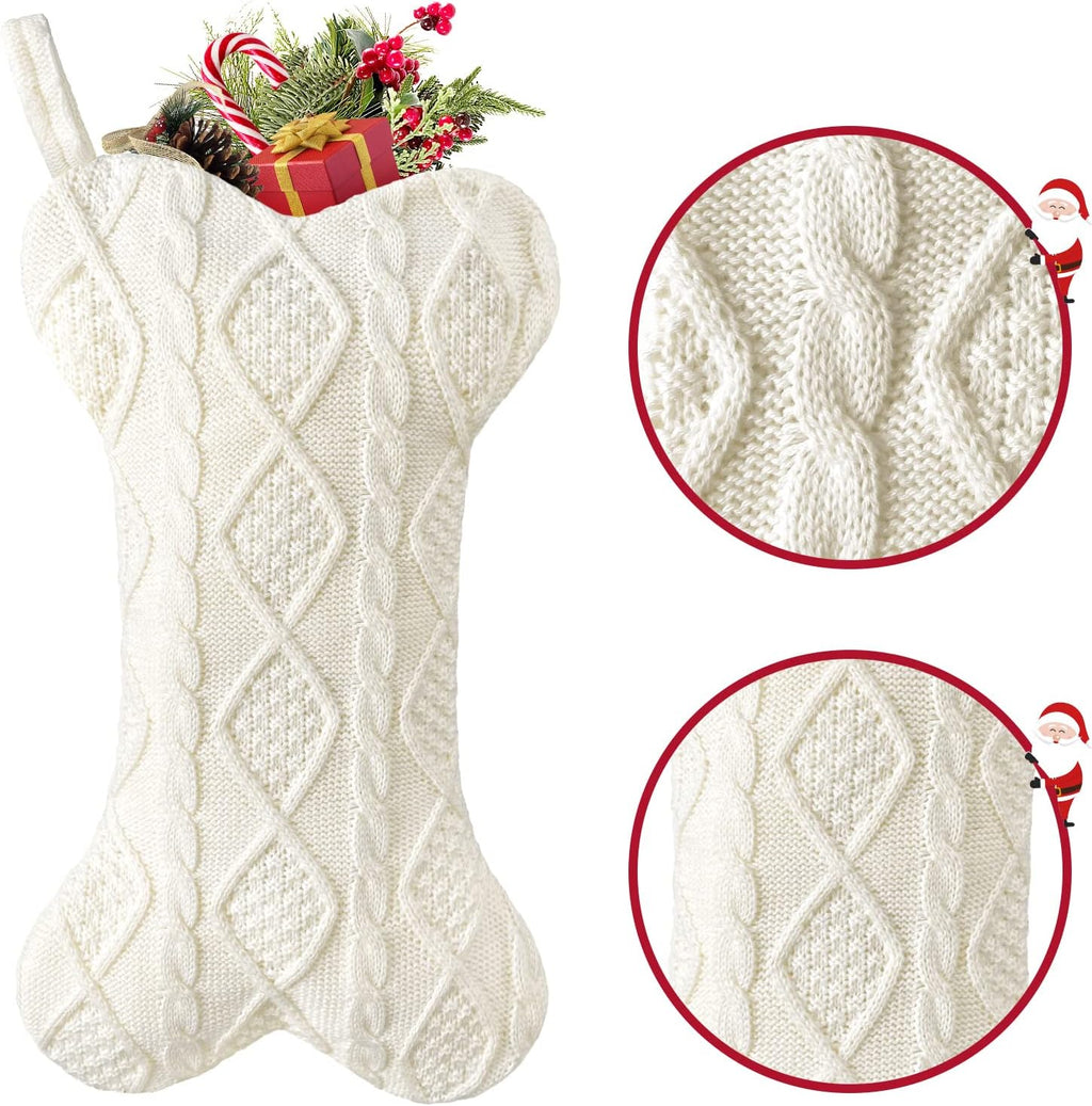 Malier Dog Christmas Stocking, Knit White Christmas Stocking for Dogs, Bone Shape Dog Stocking Christmas Large Pet Stockings Hanging Dog Christmas Stocking for Dogs Cats Pets (White)