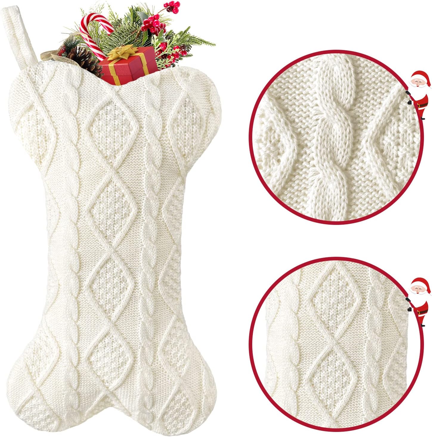 Malier Dog Christmas Stocking, Knit White Christmas Stocking for Dogs, Bone Shape Dog Stocking Christmas Large Pet Stockings Hanging Dog Christmas Stocking for Dogs Cats Pets (White)